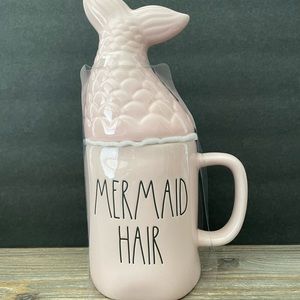 Rae Dunn Pink MERMAID HAIR DONT CARE Two Sided Coffee Mug with Tail Topper NEW